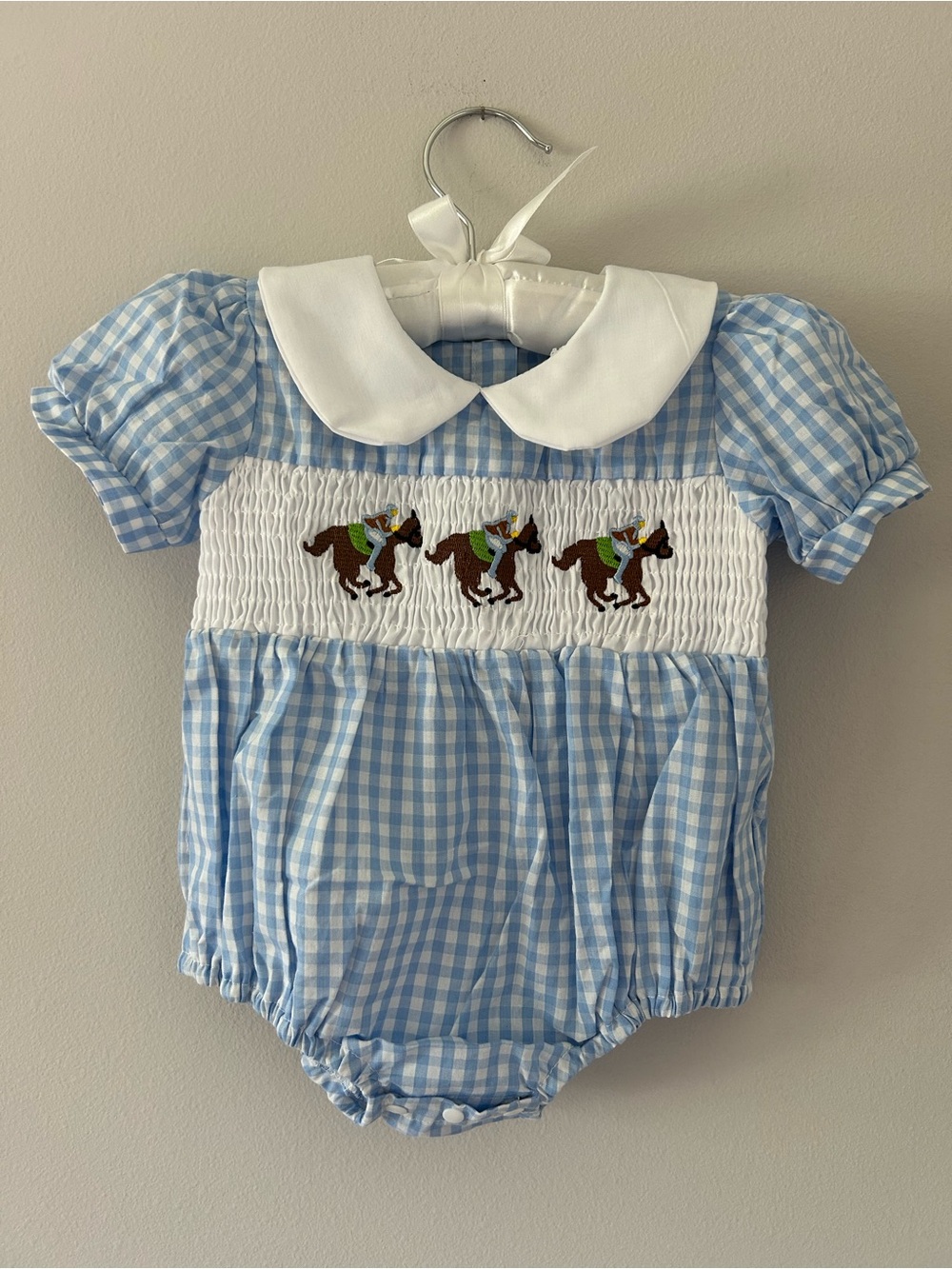 Blue Gingham Baby Romper with Horse Smocking
